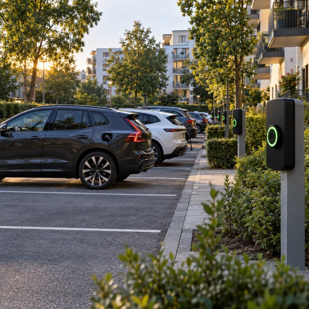 Laddboxar för BRF på utomhusparkering i Stockholm